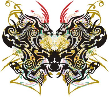 Ejderhaların yarattığı alışılmadık renkli kelebek kanatları. Duvar kağıdı, posterler, tekstil ürünleri, tişörtlerdeki baskılar vs. için çiçekli ve altın dekoratif unsurlu güzel kelebek kanatları..