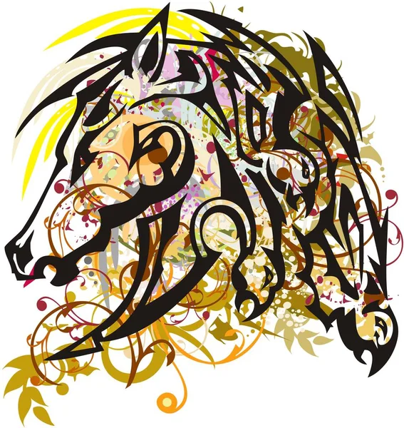 カラフルな馬の頭は鷹の要素で飛び散った あなたの創造的なアイデア ポスター プリントなどのための花や黄金の装飾要素と美しい明るい馬の頭 — ストックベクタ