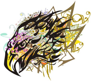 Beyaz arka planda renkli kartal kafası sembolü. Renkli damlalı kartal alevi, duvar kağıtları, posterler, tekstil, tişörtler vs. için dekoratif çiçek ve altın elementler..