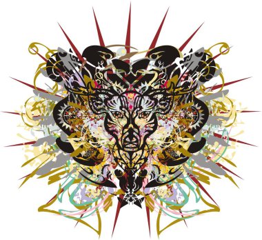 Renkli sıçrayan geyik kafası sembolü. Çiçek ve altın elementlerin arka planındaki güzel geyik kafası parmak izleri, posterler, tekstil, duvar kâğıdı, yaratıcı fikirlerin için beyaza izole edilmiş.