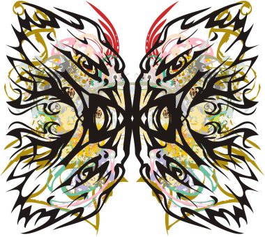 Kartal desenli süslemeli kelebek kanatları. İzler, posterler, duvar kağıtları, tekstil vb. için çiçek ve altın dekoratif unsurlara sahip alevli kartal başlarından oluşan soyut kelebek kanatları..