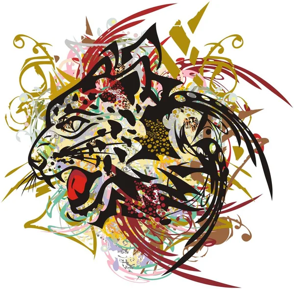 Брызги Ревущего Леопардового Символа Красочный Рычащий Снежный Барс Декоративными Золотыми — стоковый вектор