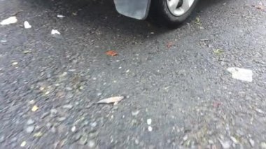 Kamerayı araba ve yol taşır. Bir su birikintisi içinde yansıma.