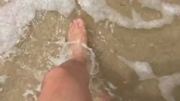 Człowiek Idzie Wzdłuż Piaszczyste Wybrzeże Przejrzyste Morze Woda Umył Nogi — Wideo stockowe