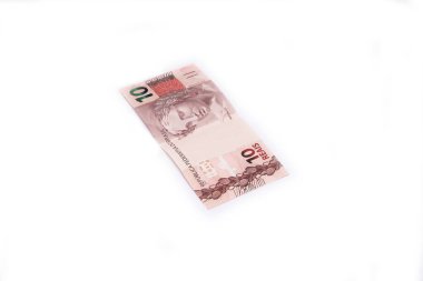 Brezilya parası beyaz arka planda izole edilmiş. Reais (Gerçek) adlı faturalar).