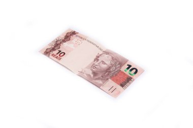 Brezilya parası beyaz arka planda izole edilmiş. Reais (Gerçek) adlı faturalar).