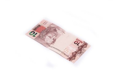 Brezilya parası beyaz arka planda izole edilmiş. Reais (Gerçek) adlı faturalar).