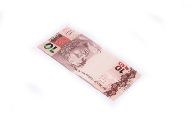 Brezilya parası beyaz arka planda izole edilmiş. Reais (Gerçek) adlı faturalar).