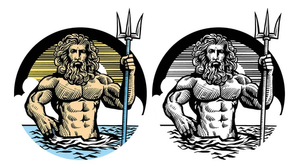 Poseidon God Klassieke Pen Stijl — Stockvector