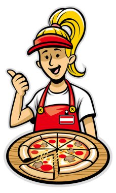 Lezzetli bir pizza sunan kız