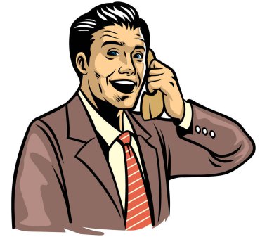 Telefondaki retro illüstrasyon adamı.