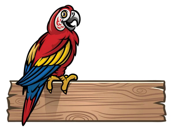 Vektor Dari Macaw Merah Maskot Burung Berdiri Tanda Kayu - Stok Vektor