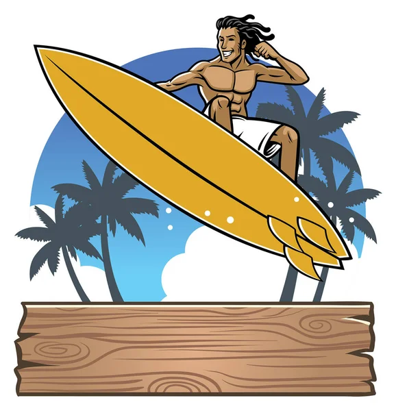 Homem Surfando Praia Com Placa Prancha Madeira — Vetor de Stock