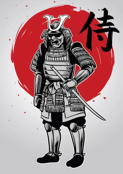 Mano Dibujo Samurai Guerrero Con Palabra Samurai Escribe Kanj — Vector de stock