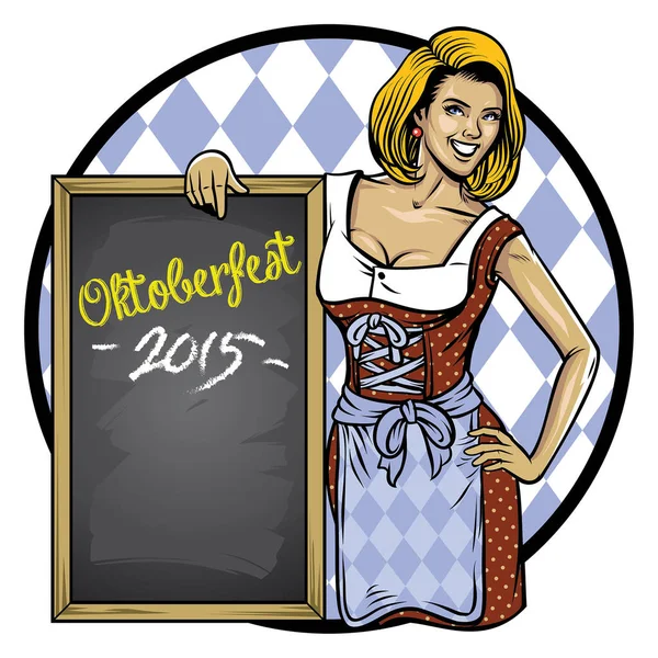 Retro Ilustración Oktoberfest Chica Inclinan Pizarra — Vector de stock