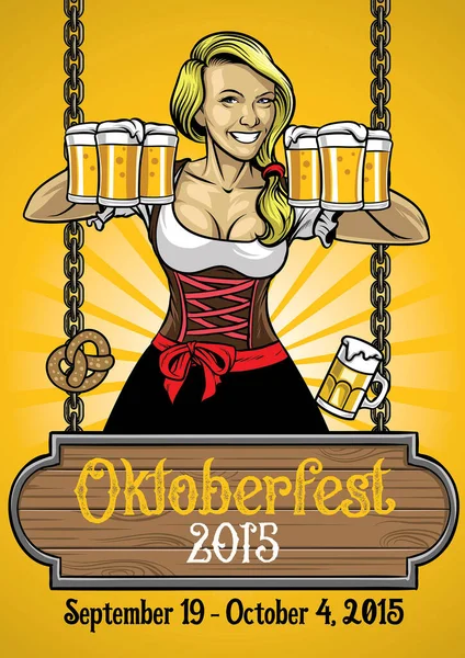 Cartel Oktoberfest Con Chica Bavariana Sosteniendo Las Cervezas — Vector de stock