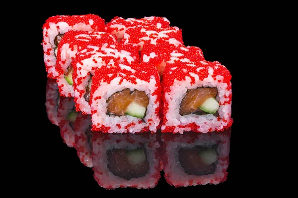 Rollos Sushi Sobre Vidrio Negro Reflejo — Foto de Stock