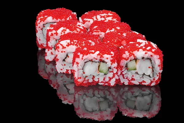 Rollos Sushi Sobre Vidrio Negro Reflejo — Foto de Stock