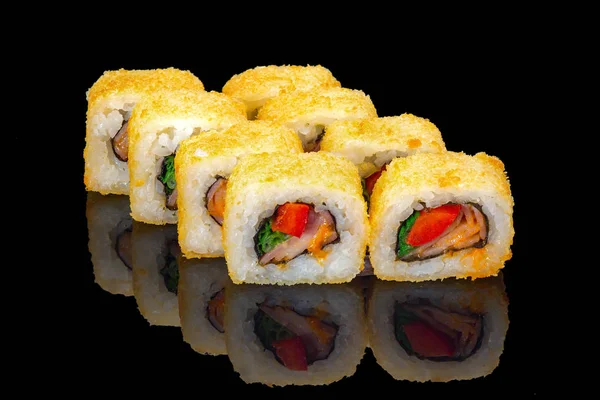 Rolki Sushi Czarnego Szkła Odbicie — Zdjęcie stockowe