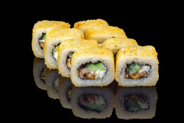 Sushi Tekercs Fekete Üveg Elmélkedés — Stock Fotó