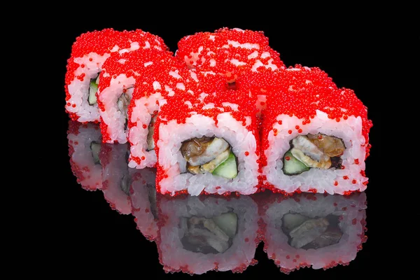 Rollos Sushi Sobre Vidrio Negro Reflejo Imagen De Stock