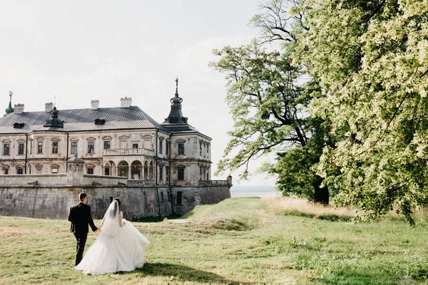 Úžasný portrét svatební pár poblíž starého hradu — Stock fotografie