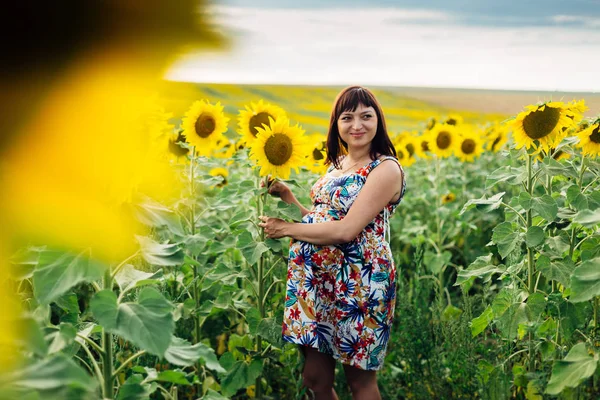 Ayçiçeği tarlası içinde hamile bir kadın büyük resim — Stok fotoğraf