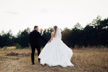 Alanına yürüyor bir düğün çift portre büyük