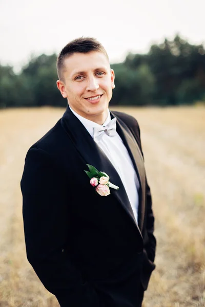 Portrait of a handsome groom in a black tuxedo with a bow-tie. — Stock Photo, Image