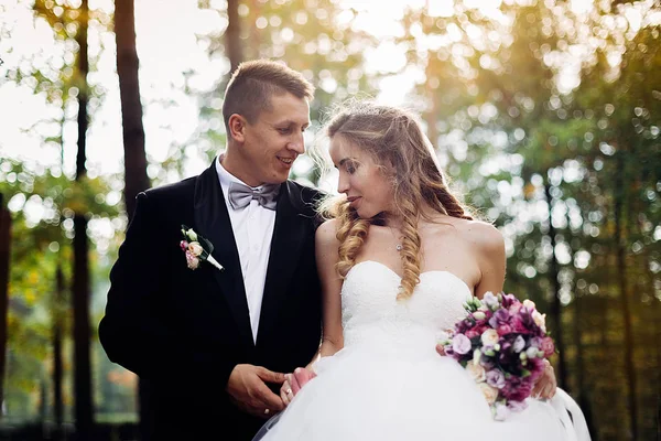 Gran retrato de una pareja de bodas, que está caminando en el parque —  Fotos de Stock