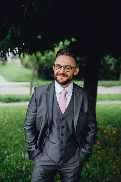 Portrait of a handsome groom in a grey suit with a tie. — Stock Photo, Image