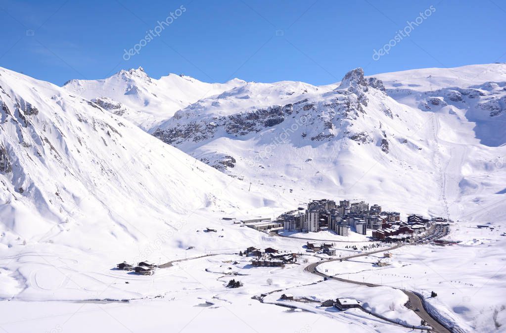 Mountain view of Tignes village in winter from ski tracks of the resort, Alps, France
