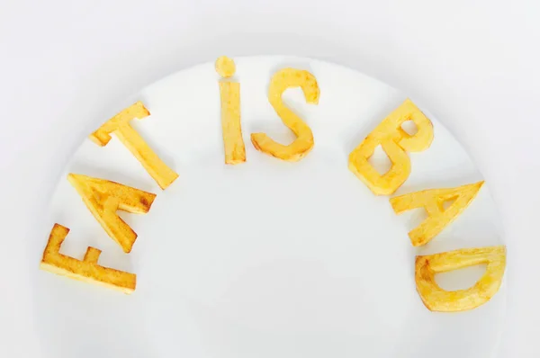 Sign Fat Bad Letters Made French Fries White Plate Unhealthy — Stock Photo, Image