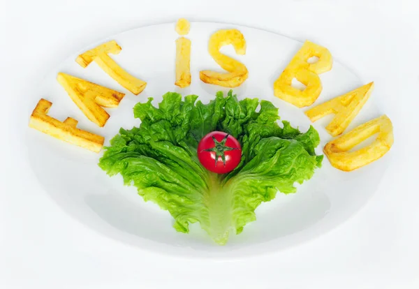 Señal Grasa Mala Con Cartas Hechas Papas Fritas Concepto Comida Imagen de stock