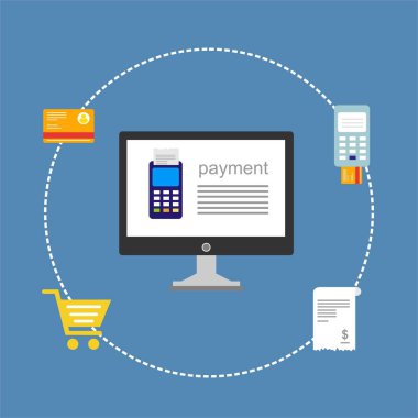 Kavram Online ve mobil ödeme web sayfası, sosyal medya, belgeler, kartları, posterler için. Vektör çizim pos terminali ile bir akıllı telefon, online bankacılık, mobil ödeme ödeme doğruladı
