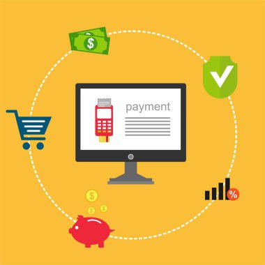 Kavram Online ve mobil ödeme web sayfası, sosyal medya, belgeler, kartları, posterler için. Vektör çizim pos terminali ile bir akıllı telefon, online bankacılık, mobil ödeme ödeme doğruladı