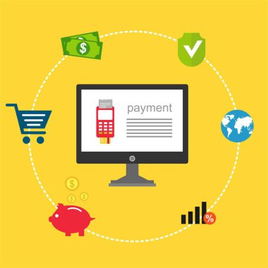 Kavram Online ve mobil ödeme web sayfası, sosyal medya, belgeler, kartları, posterler için. Vektör çizim pos terminali ile bir akıllı telefon, online bankacılık, mobil ödeme ödeme doğruladı