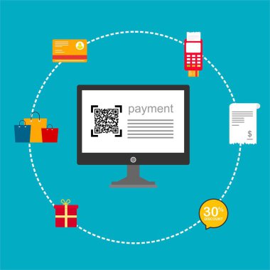 Kavram Online ve mobil ödeme web sayfası, sosyal medya, belgeler, kartları, posterler için. Vektör çizim pos terminali ile bir akıllı telefon, online bankacılık, mobil ödeme ödeme doğruladı