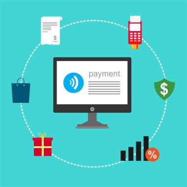 Kavram Online ve mobil ödeme web sayfası, sosyal medya, belgeler, kartları, posterler için. Vektör çizim pos terminali ile bir akıllı telefon, online bankacılık, mobil ödeme ödeme doğruladı