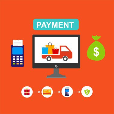 Kavram Online ve mobil ödeme web sayfası, sosyal medya, belgeler, kartları, posterler için. Vektör çizim pos terminali ile bir akıllı telefon, online bankacılık, mobil ödeme ödeme doğruladı