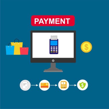 Kavram Online ve mobil ödeme web sayfası, sosyal medya, belgeler, kartları, posterler için. Vektör çizim pos terminali ile bir akıllı telefon, online bankacılık, mobil ödeme ödeme doğruladı