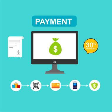 Kavram Online ve mobil ödeme web sayfası, sosyal medya, belgeler, kartları, posterler için. Vektör çizim pos terminali ile bir akıllı telefon, online bankacılık, mobil ödeme ödeme doğruladı