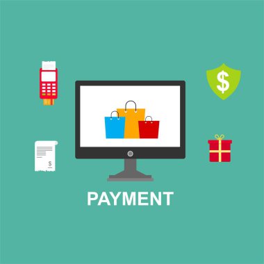 Kavram Online ve mobil ödeme web sayfası, sosyal medya, belgeler, kartları, posterler için. Vektör çizim pos terminali ile bir akıllı telefon, online bankacılık, mobil ödeme ödeme doğruladı