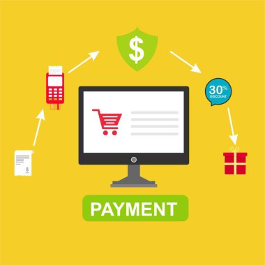 Kavram Online ve mobil ödeme web sayfası, sosyal medya, belgeler, kartları, posterler için. Vektör çizim pos terminali ile bir akıllı telefon, online bankacılık, mobil ödeme ödeme doğruladı