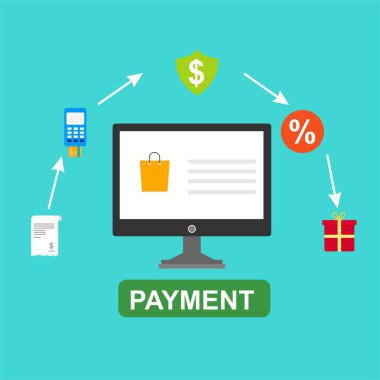 Kavram Online ve mobil ödeme web sayfası, sosyal medya, belgeler, kartları, posterler için. Vektör çizim pos terminali ile bir akıllı telefon, online bankacılık, mobil ödeme ödeme doğruladı