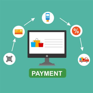 Kavram Online ve mobil ödeme web sayfası, sosyal medya, belgeler, kartları, posterler için. Vektör çizim pos terminali ile bir akıllı telefon, online bankacılık, mobil ödeme ödeme doğruladı
