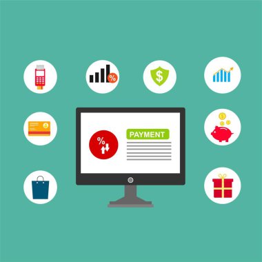 Kavram Online ve mobil ödeme web sayfası, sosyal medya, belgeler, kartları, posterler için. Vektör çizim pos terminali ile bir akıllı telefon, online bankacılık, mobil ödeme ödeme doğruladı