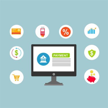 Kavram Online ve mobil ödeme web sayfası, sosyal medya, belgeler, kartları, posterler için. Vektör çizim pos terminali ile bir akıllı telefon, online bankacılık, mobil ödeme ödeme doğruladı