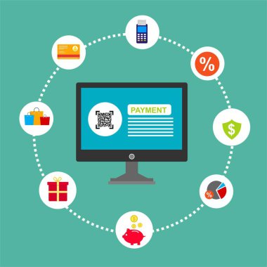 Kavram Online ve mobil ödeme web sayfası, sosyal medya, belgeler, kartları, posterler için. Vektör çizim pos terminali ile bir akıllı telefon, online bankacılık, mobil ödeme ödeme doğruladı