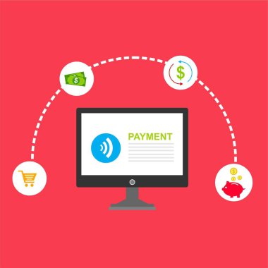 Kavram Online ve mobil ödeme web sayfası, sosyal medya, belgeler, kartları, posterler için. Vektör çizim pos terminali ile bir akıllı telefon, online bankacılık, mobil ödeme ödeme doğruladı